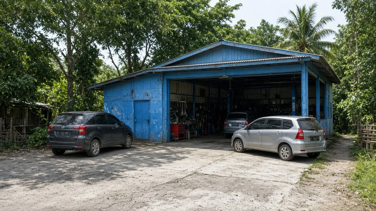 Eksterior bengkel mobil di siang hari dengan pintu terbuka dan mobil terparkir